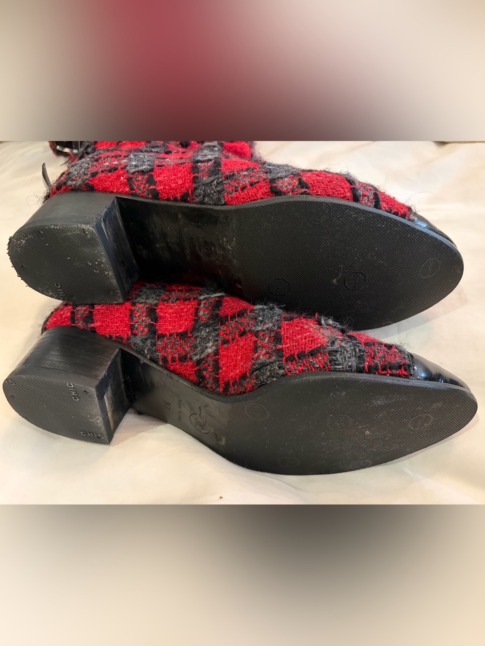 CHANEL Fall07 Karl L. Tweed Cap Toe Buckle Boots, Red/Grey/Blk Plaid, CCs,37,EUC - Picture 14 of 15